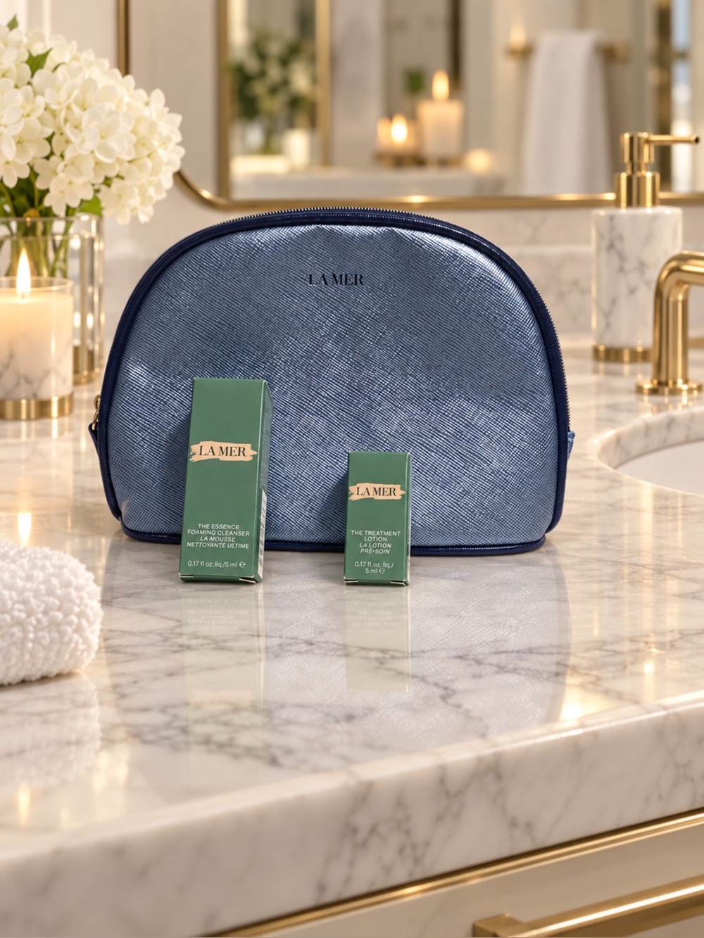 La Mer Metallic Navy Blue Dome Cosmetic Pouch
